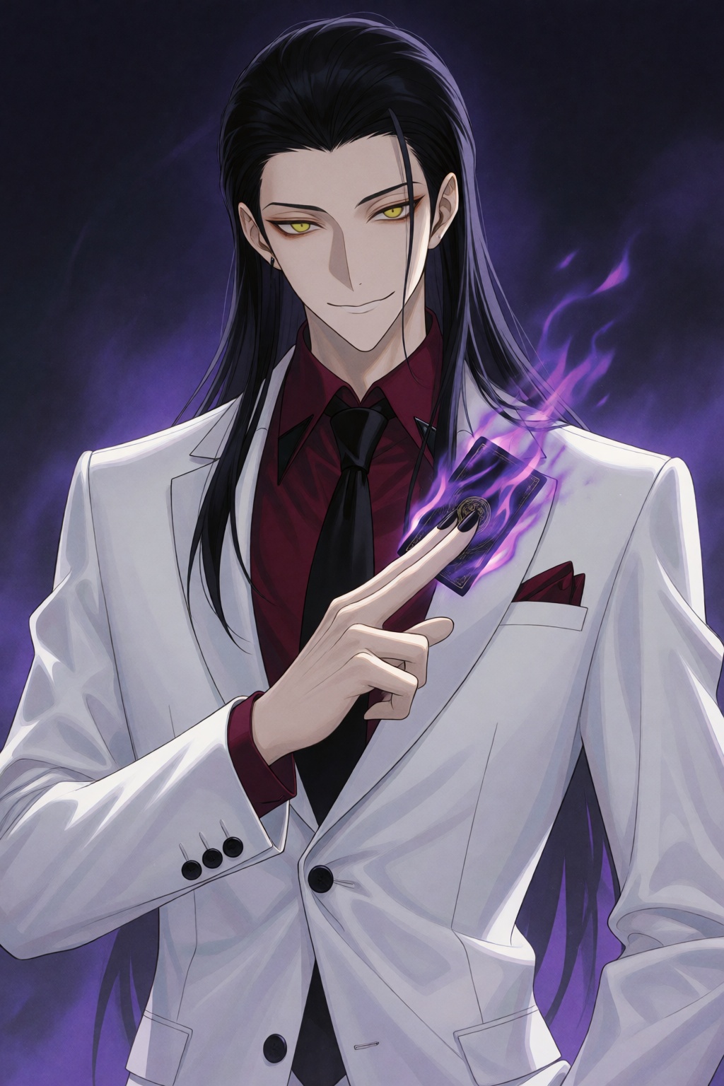 wan_ke Digital anime-style artwork of a tall male character with long,  slicked-back black hair and sharp,  narrow green e...