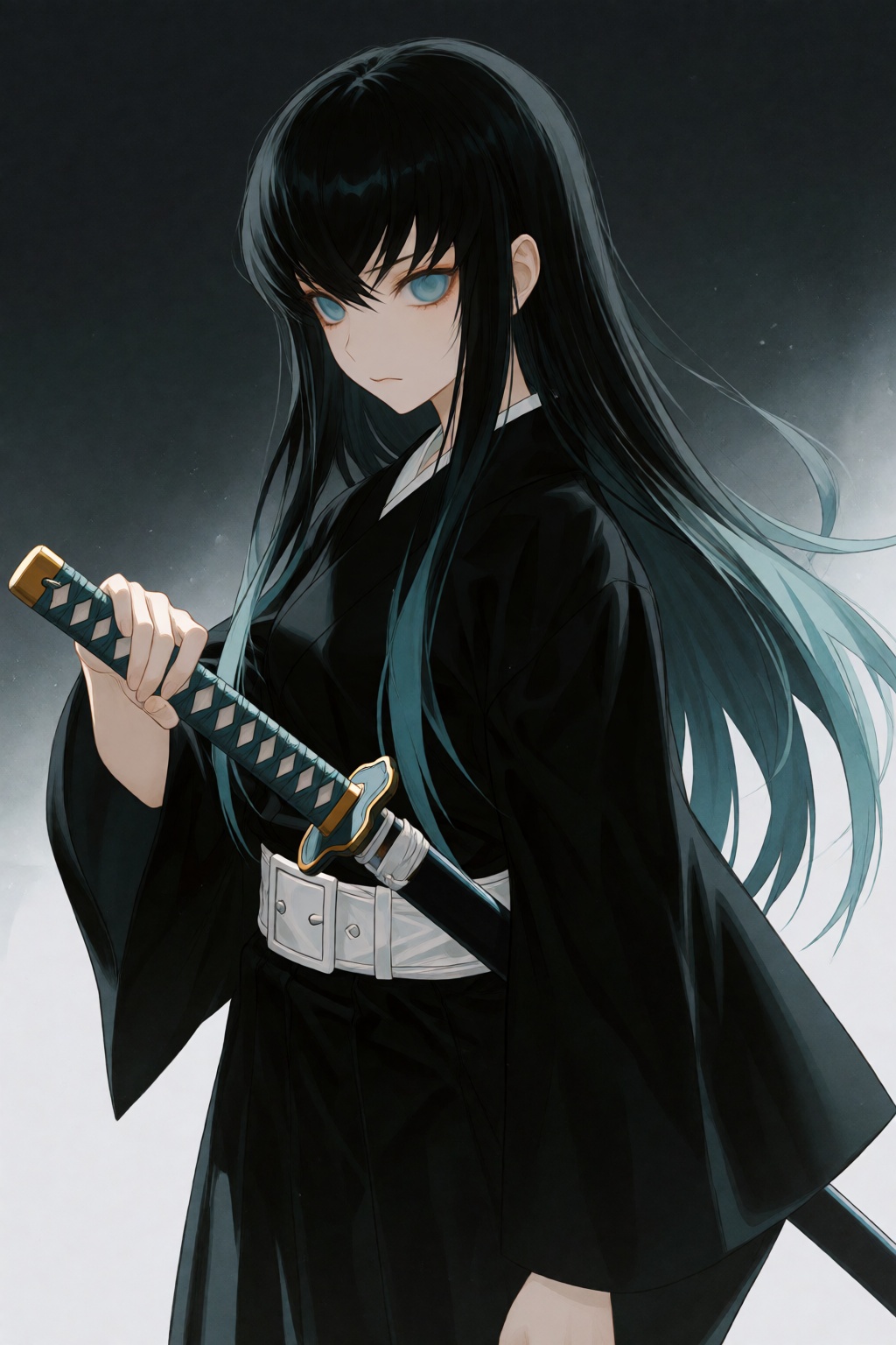 wan_ke This digital anime-style illustration features a young woman with long,  straight,  black hair that has subtle gree...