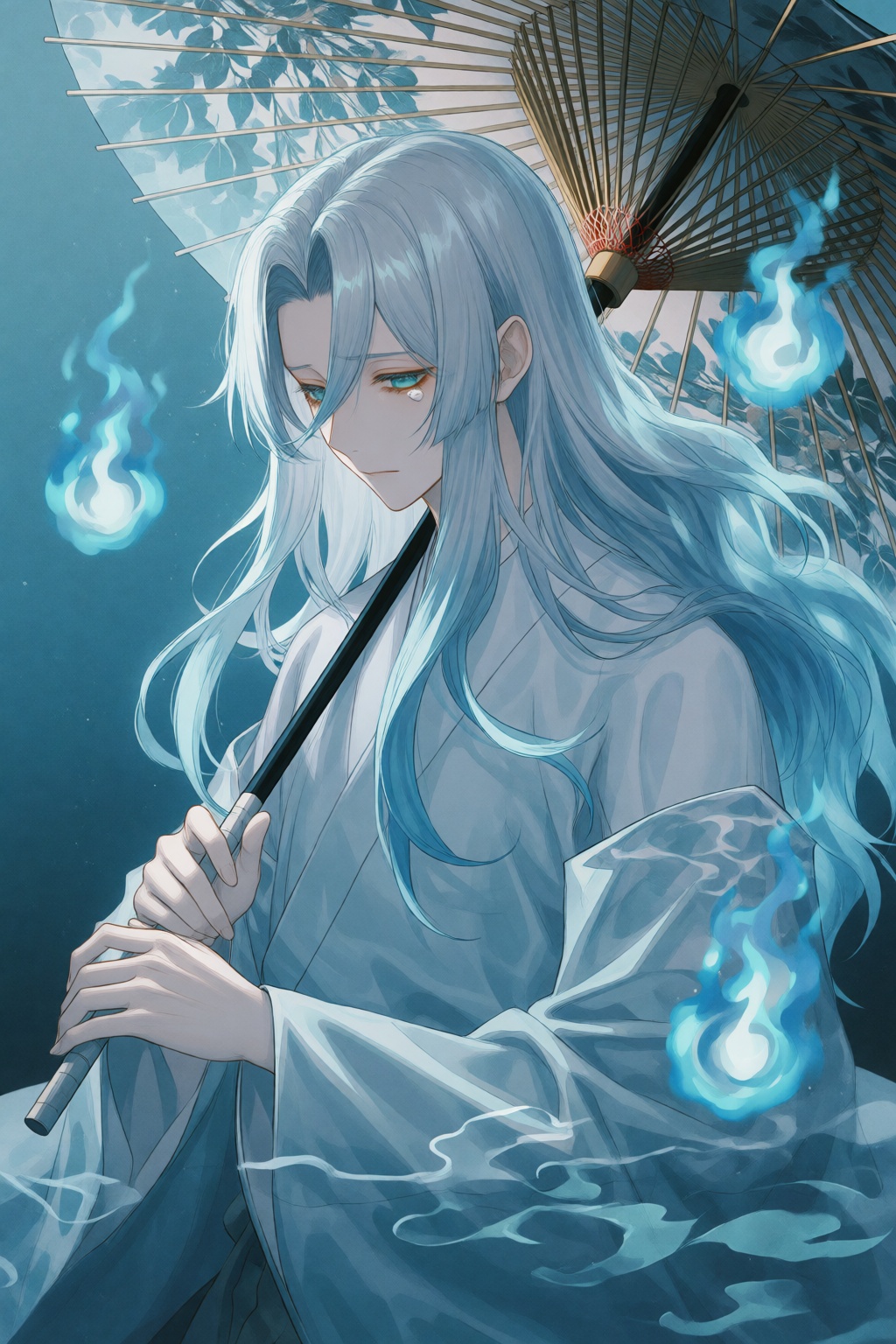 wan_ke This is a digital anime-style artwork featuring an ethereal male spirit. He has very long,  flowing silver hair tha...