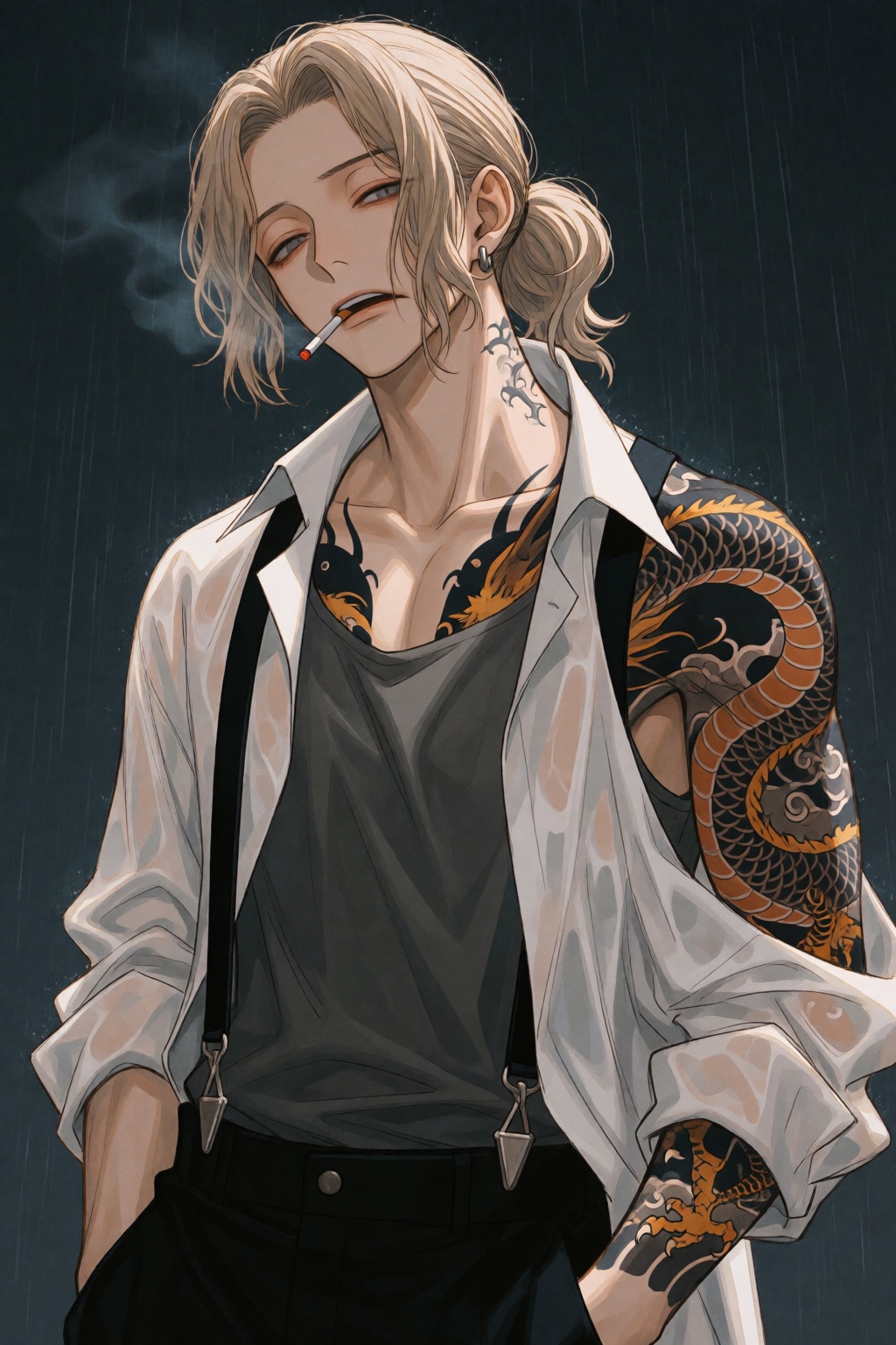 wan_ke Digital anime-style drawing of a male character with wavy,  ash-blonde hair tied in a loose,  messy ponytail. He ha...