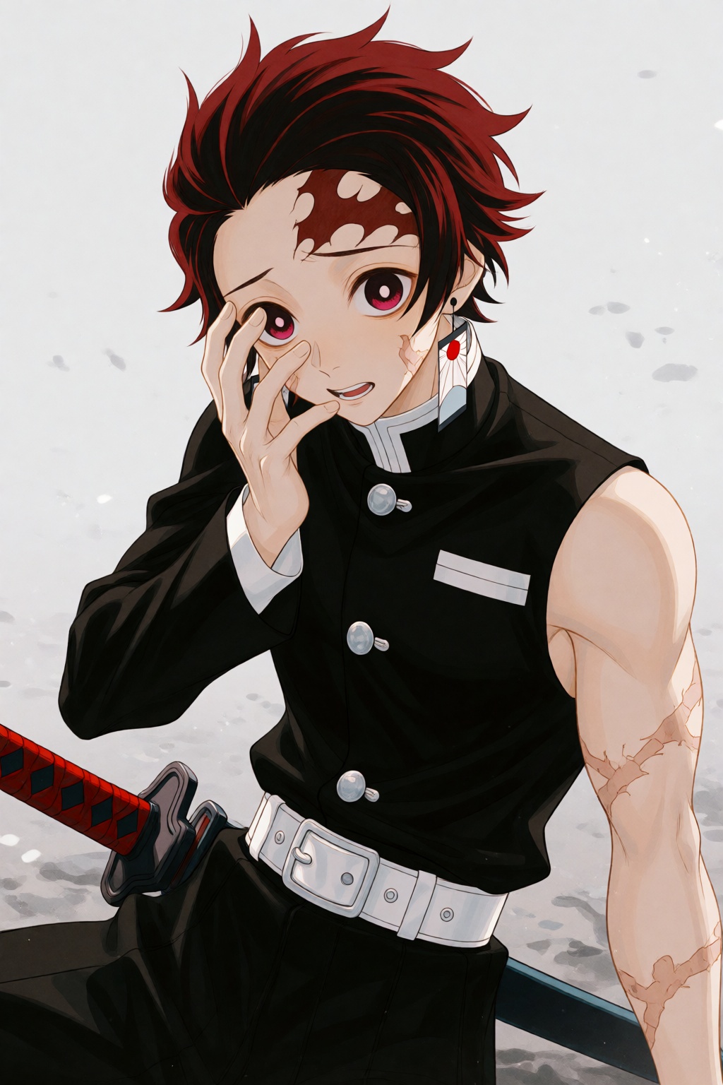 wan_ke Digital anime-style drawing of a young male with red-tipped black hair,  wearing a black sleeveless school uniform...