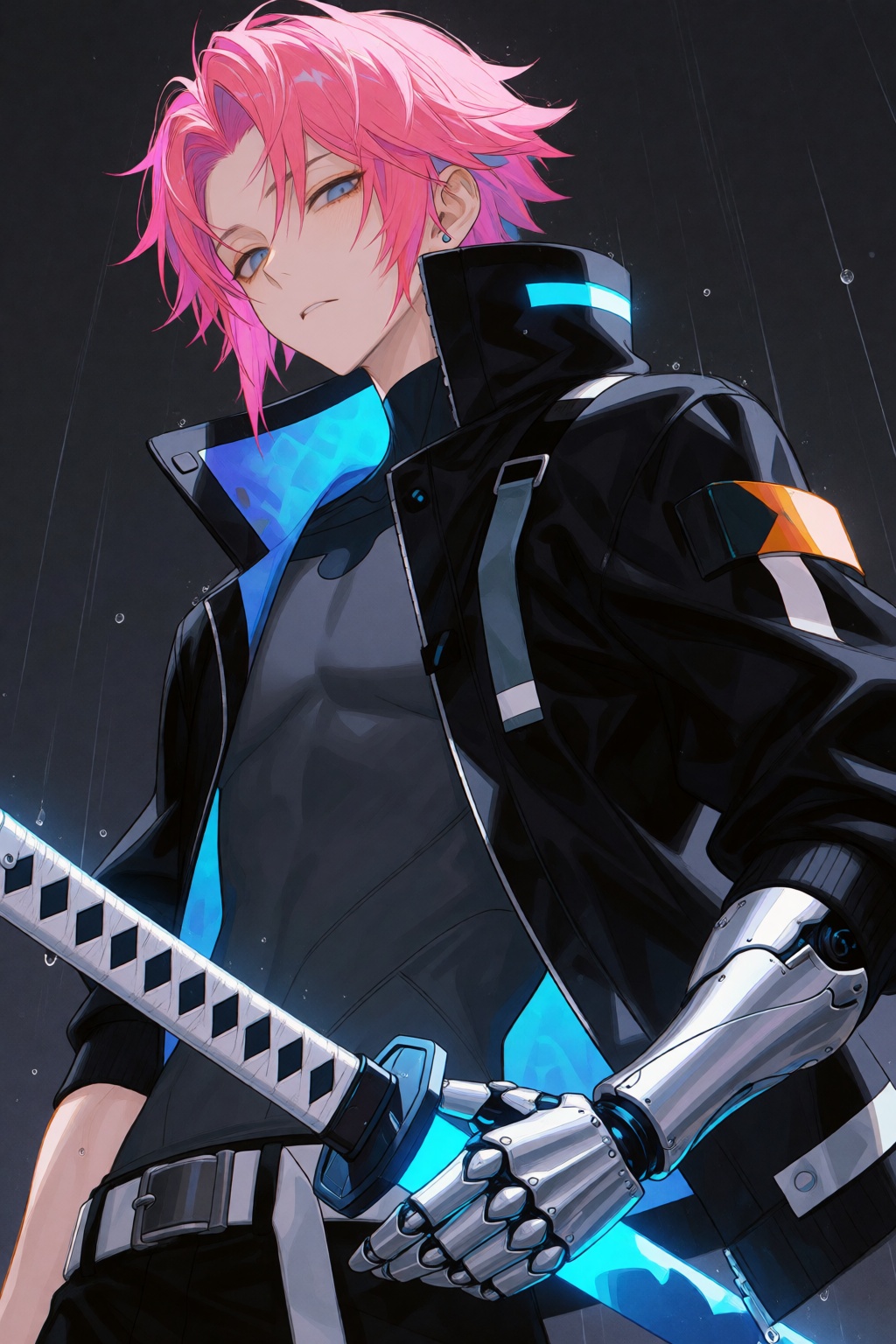 wan_ke Digital anime-style drawing of a young male with messy,  neon-pink hair and a cybernetic silver left arm. He wears...