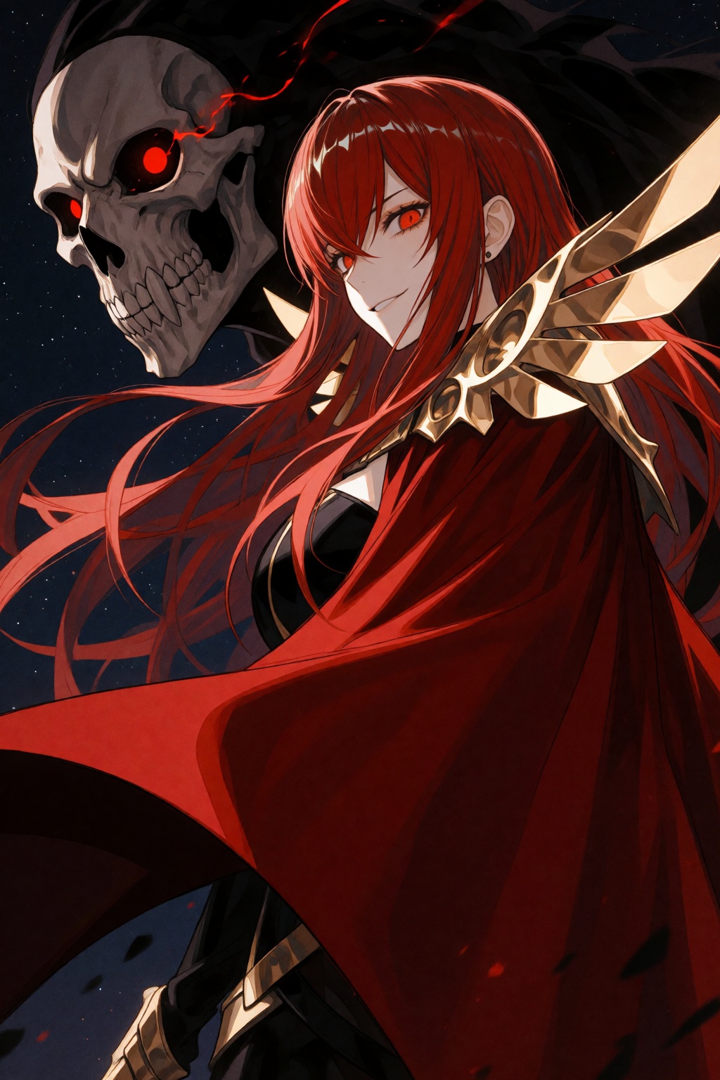 wan_ke Digital anime-style illustration of a red-haired woman with long,  flowing hair and red eyes. She wears a dark red,...