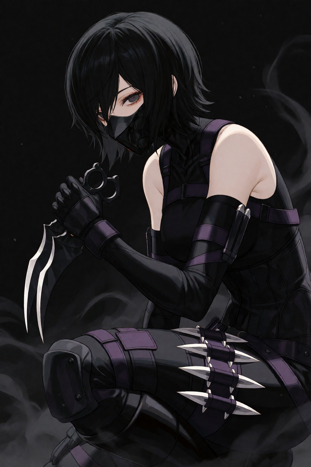 wan_ke This is a digital anime-style artwork featuring a female assassin with short,  choppy black hair and a single visib...