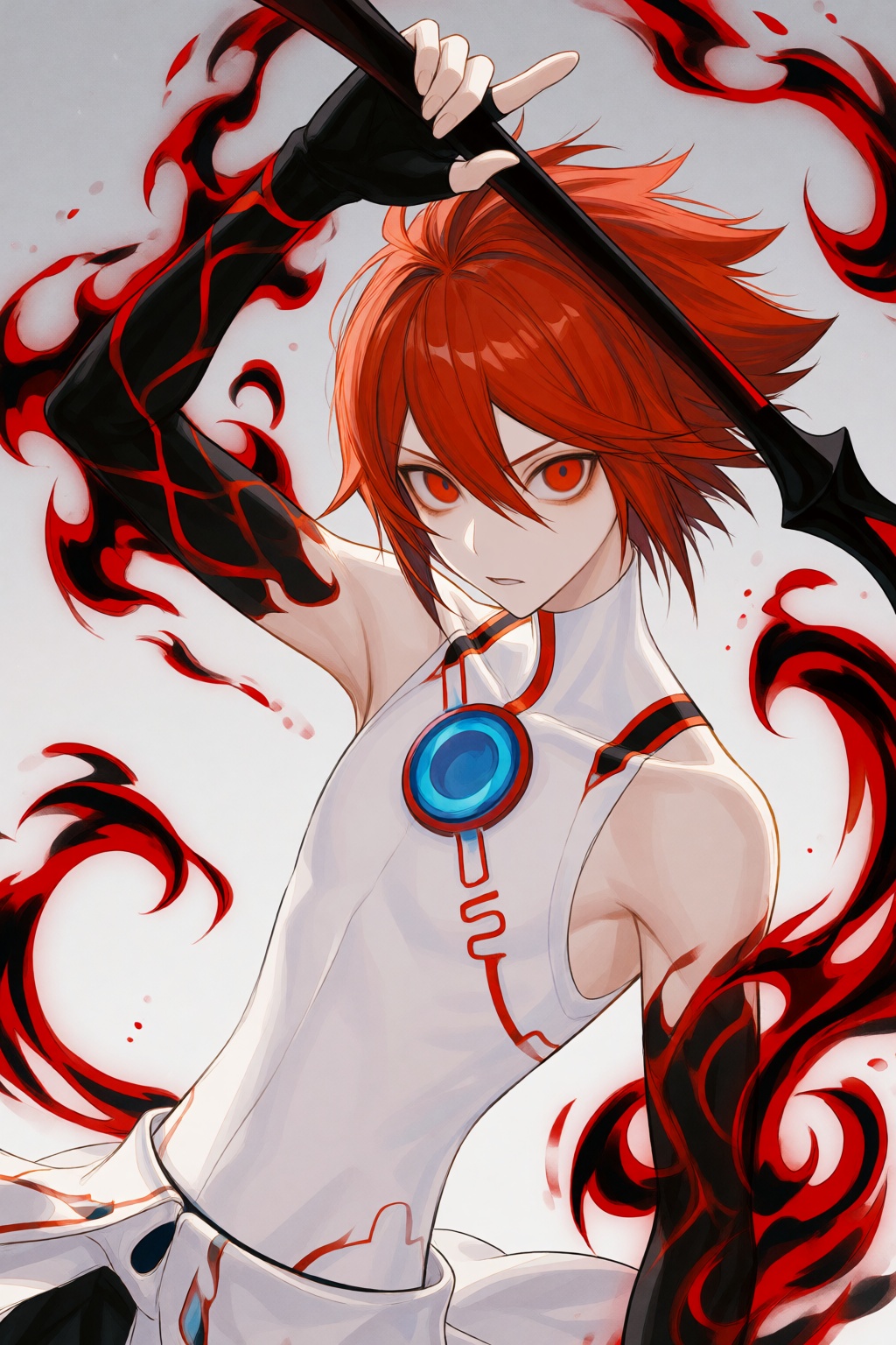 wan_ke Digital anime-style illustration of a slender,  androgynous character with red,  spiky hair and red eyes. They have...