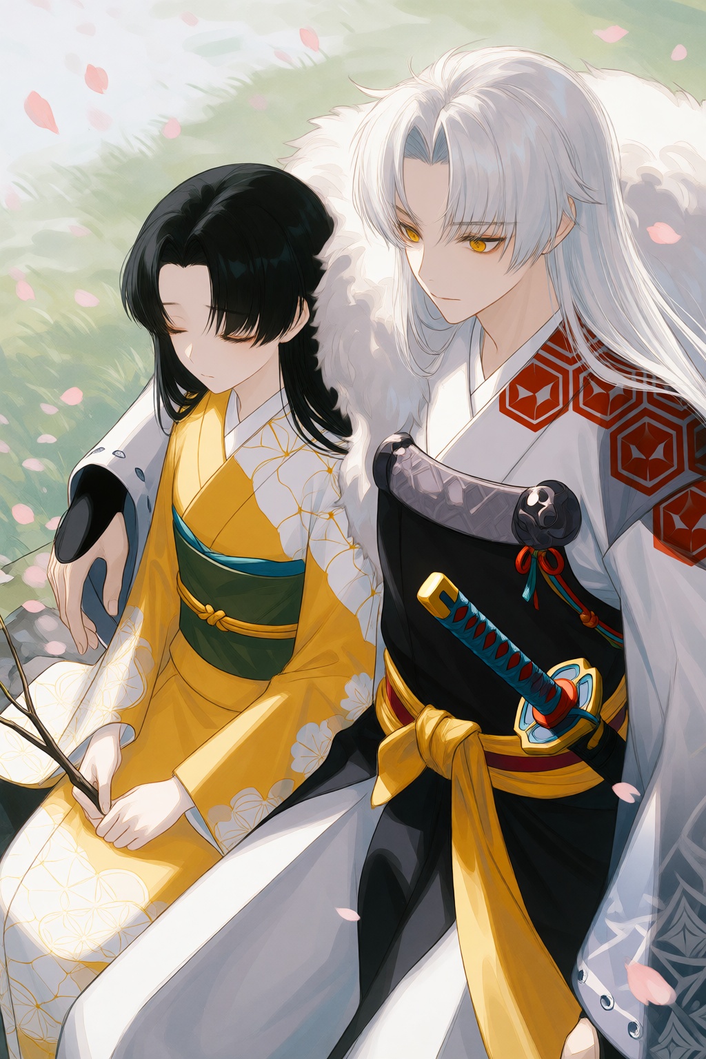 wan_ke Digital anime-style illustration of two characters in a serene outdoor setting. The character on the left has long...