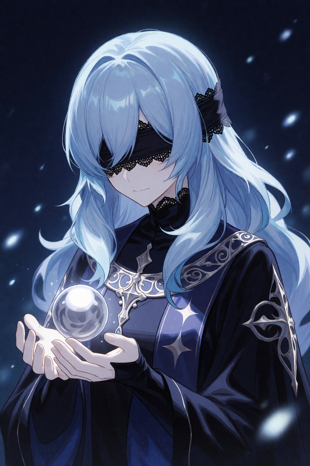 wan_ke This is a digital anime-style artwork featuring a mysterious character with a blindfold made of delicate black lace...