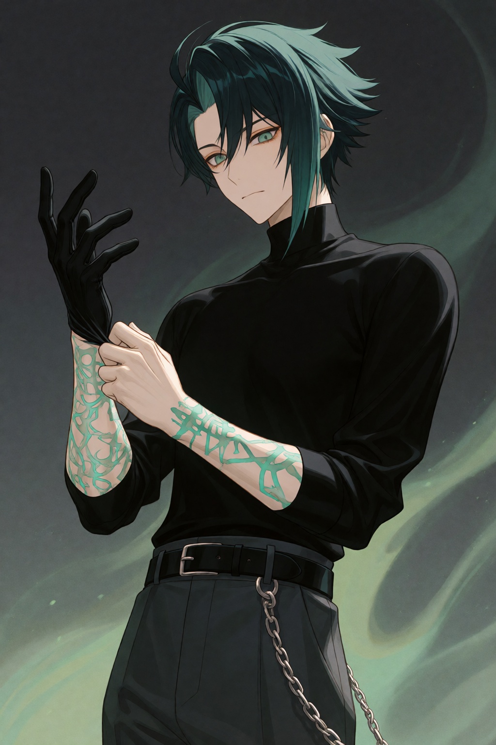 wan_ke This digital anime-style illustration features a young man with asymmetrical,  dark teal hair and a calm,  focused...