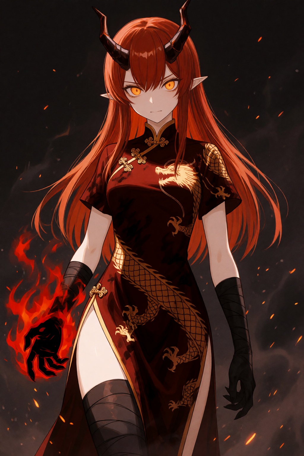 wan_ke Digital anime-style illustration featuring an intimidating female character with long,  straight scarlet hair and g...