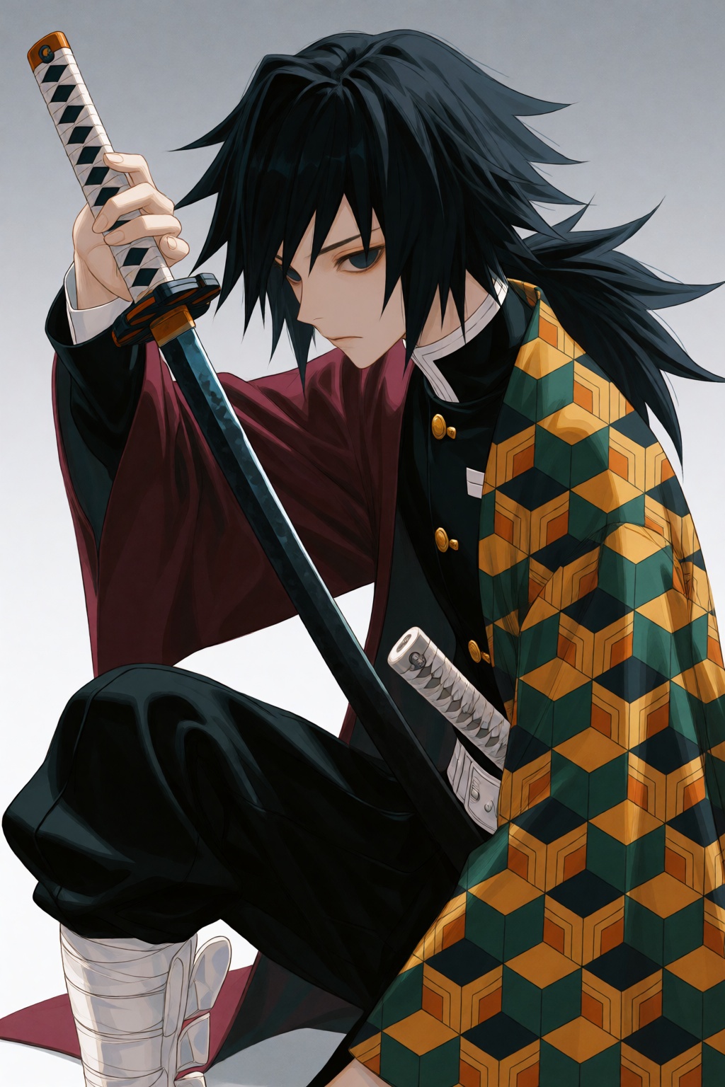 wan_ke Digital anime-style artwork of a young male with black,  spiky hair and a serious expression. He is holding a sheat...