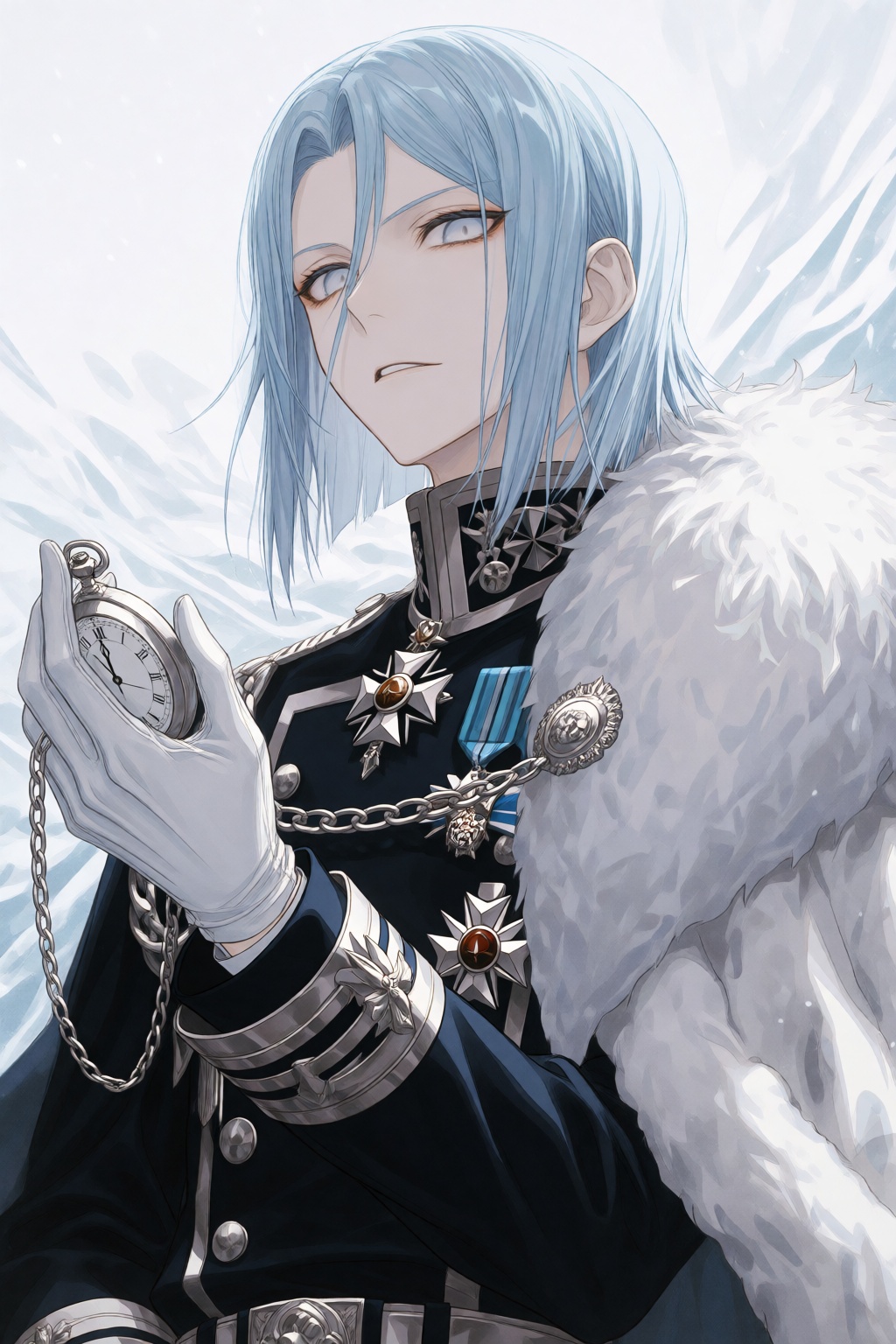 wan_ke Digital anime-style drawing of a cold,  aristocratic young male with straight,  shoulder-length ice-blue hair and p...