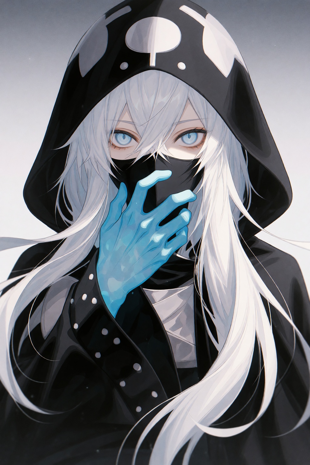 wan_ke This is a digital anime-style artwork featuring a mysterious character with long,  white,  flowing hair and strikin...