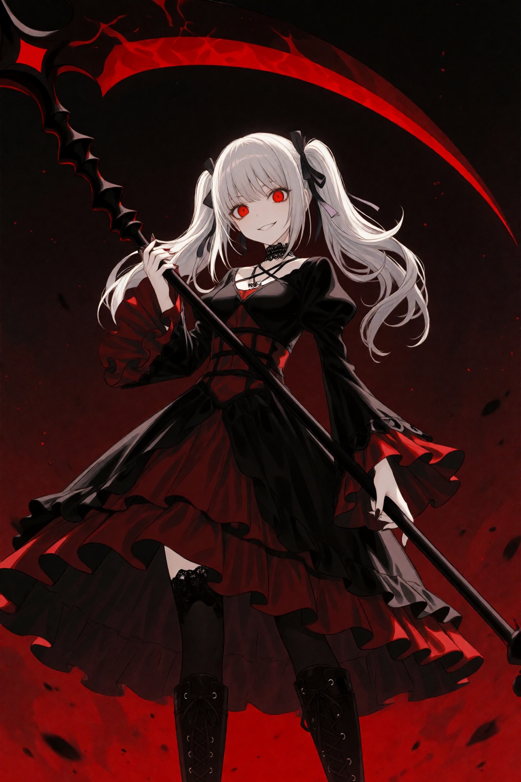 wan_ke Digital anime-style artwork featuring a young woman with long,  silver hair styled in low twin tails and piercing c...