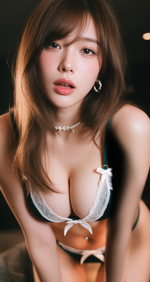 Create a realistic image of a solo girl indoors. She has long,  brown hair and large,  cleavage-exposing breasts. Her brow...