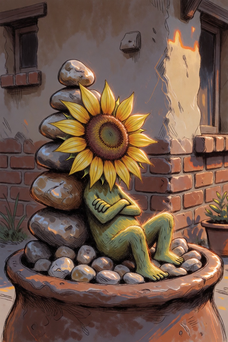 The sunflower spirit sits in the center of the pot,  leaning back against the tallest pebbles,  its arms folded and petals...