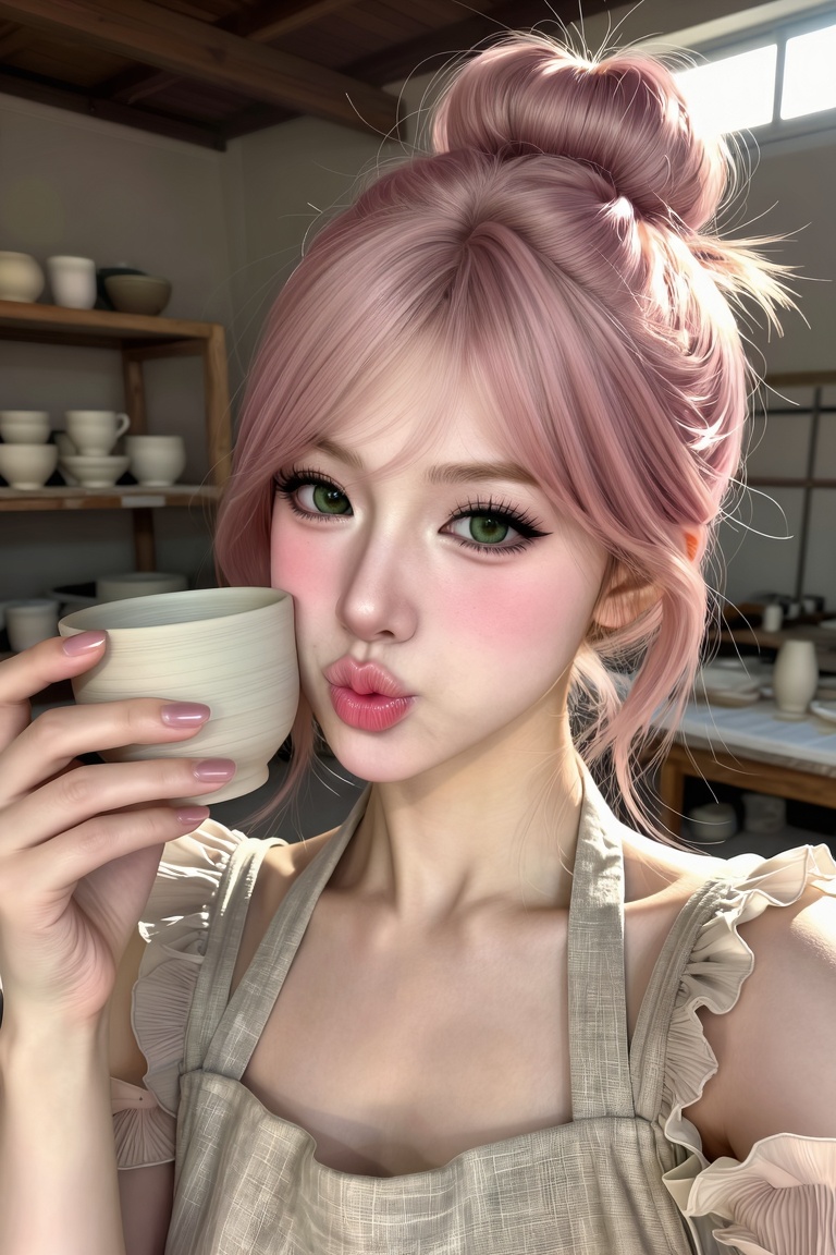 Close-up portrait of a gorgeous young woman. Angle: Straight-on close-up. Pose: She playfully holds a small unglazed clay...