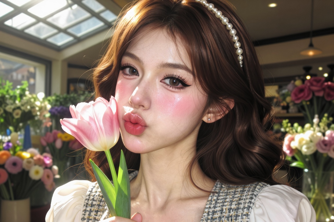 Close-up portrait of a gorgeous young woman. Angle: Straight-on close-up. Pose: She lightly holds a blooming pink tulip ne...