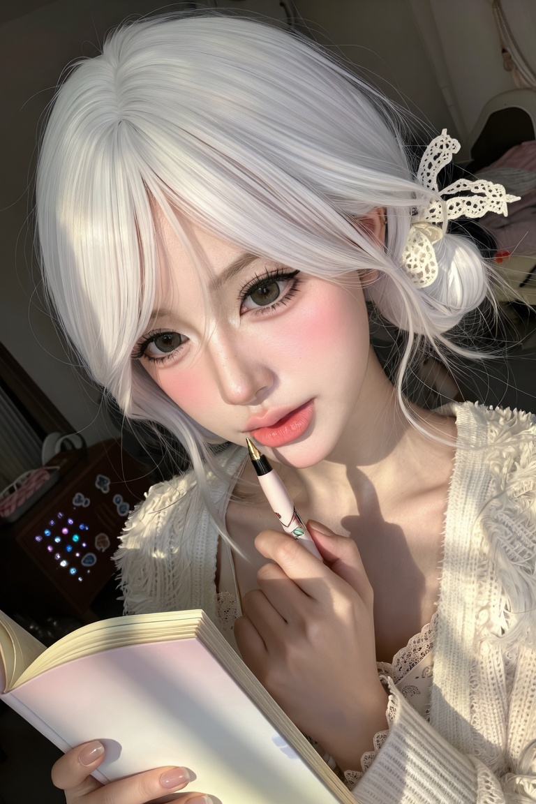 Close-up portrait of a gorgeous young woman. Angle: Close-up,  eye-level. Pose: She rests one hand gently on a pastel note...