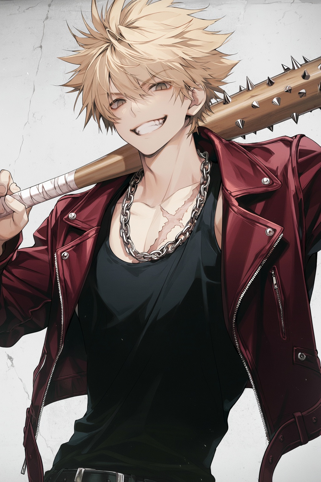 wan_ke Digital anime-style drawing of a rugged young male with wild,  spiky blonde hair and a confident,  aggressive grin....