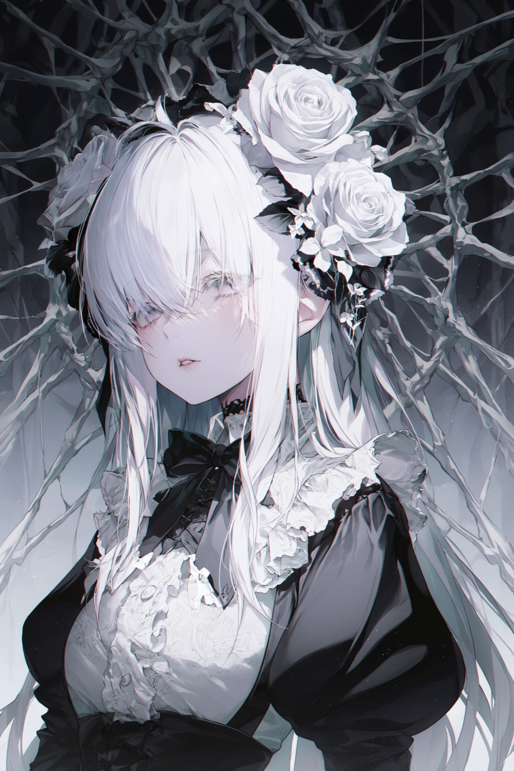 wan_ke Digital artwork of a pale,  white-haired anime girl with long,  flowing hair on Tensor.Art