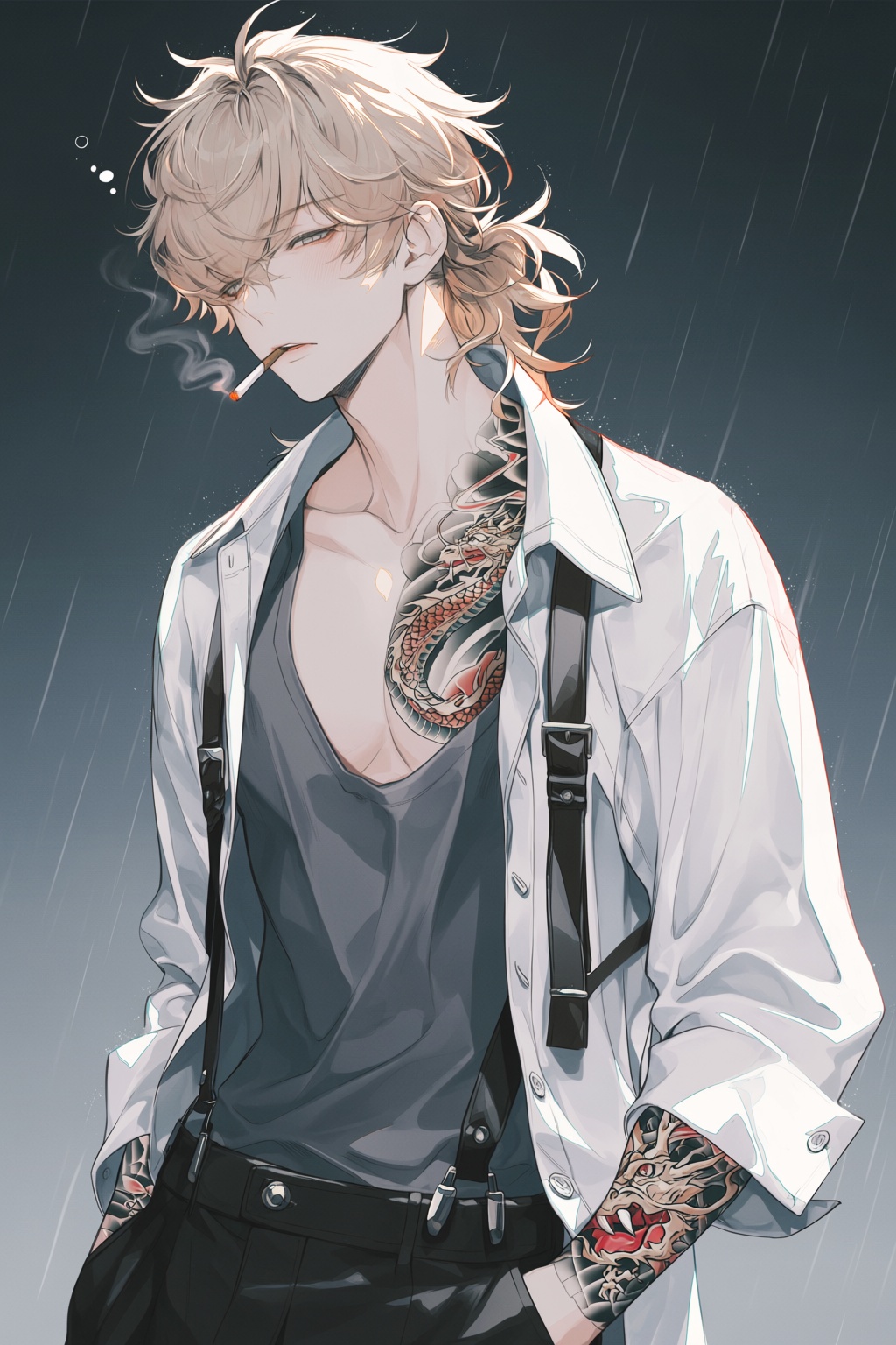wan_ke Digital anime-style drawing of a male character with wavy,  ash-blonde hair tied in a loose,  messy ponytail. He ha...