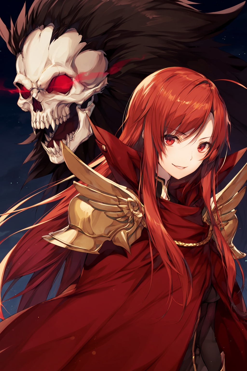 wan_ke Digital anime-style illustration of a red-haired woman with long,  flowing hair and red eyes. She wears a dark red,...