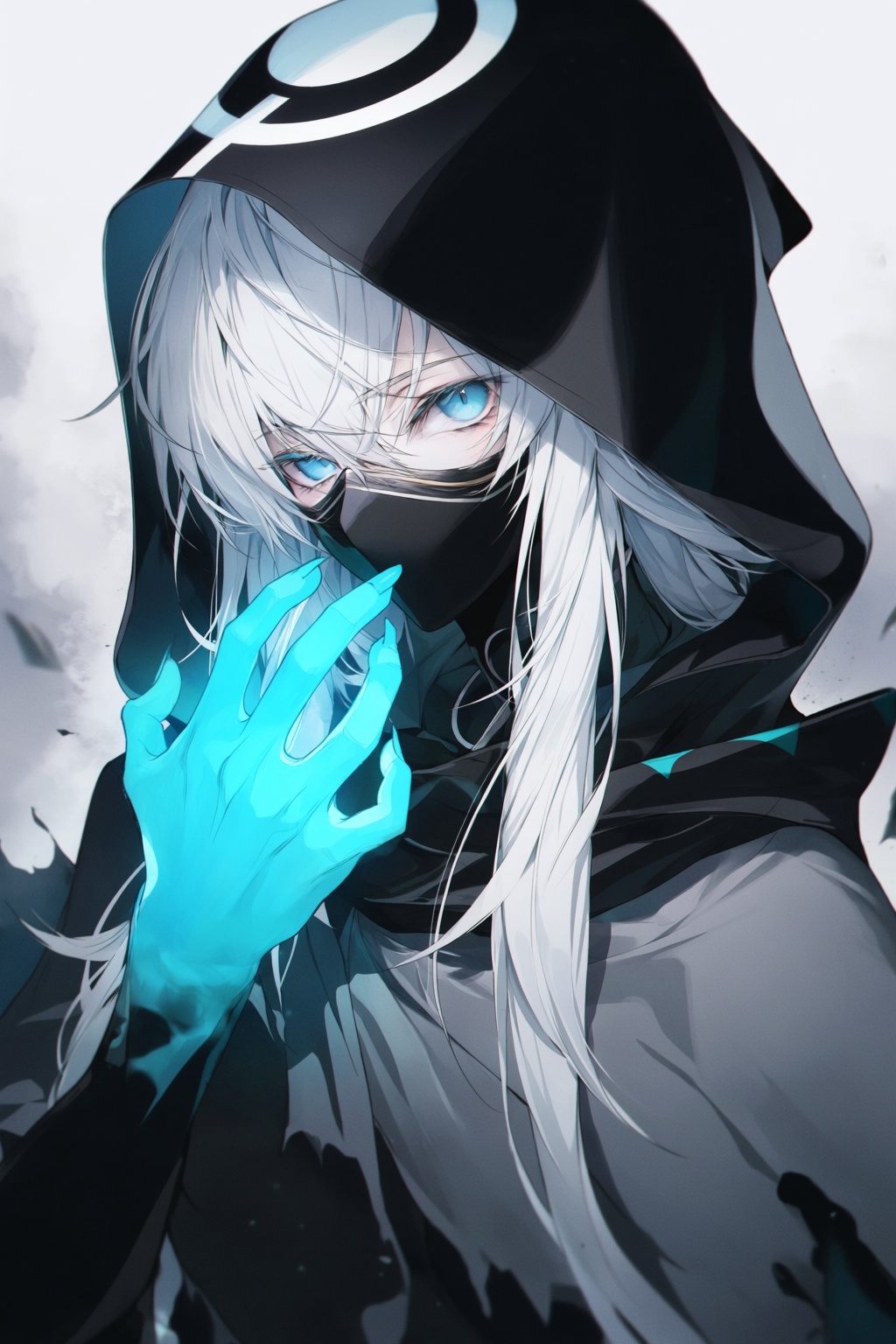 wan_ke This is a digital anime-style artwork featuring a mysterious character with long,  white,  flowing hair and strikin...