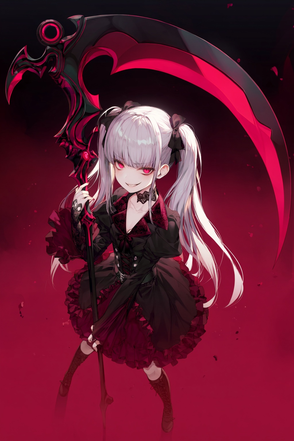 wan_ke Digital anime-style artwork featuring a young woman with long,  silver hair styled in low twin tails and piercing c...