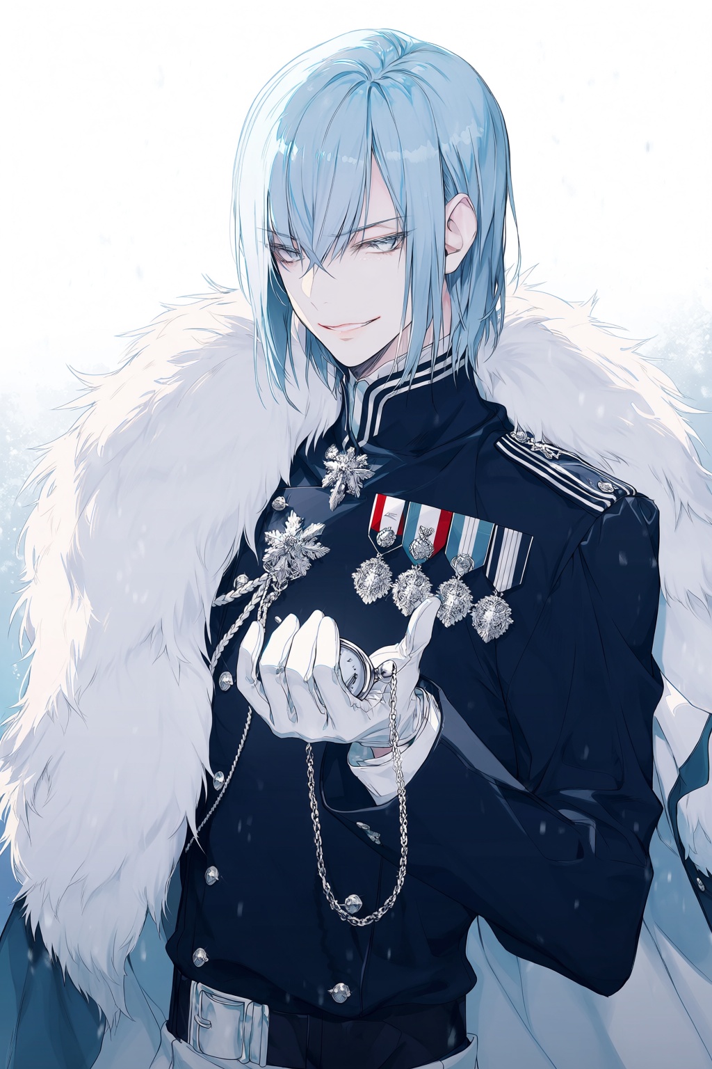 wan_ke Digital anime-style drawing of a cold,  aristocratic young male with straight,  shoulder-length ice-blue hair and p...