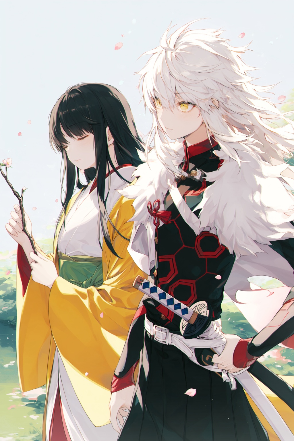 wan_ke Digital anime-style illustration of two characters in a serene outdoor setting. The character on the left has long...