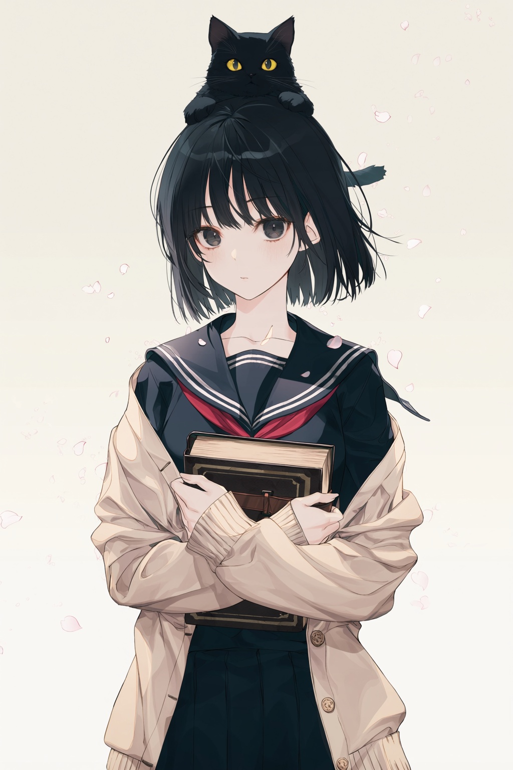 wan_ke Digital anime-style drawing of a quiet,  mysterious female student. She has straight,  chin-length black hair and l...