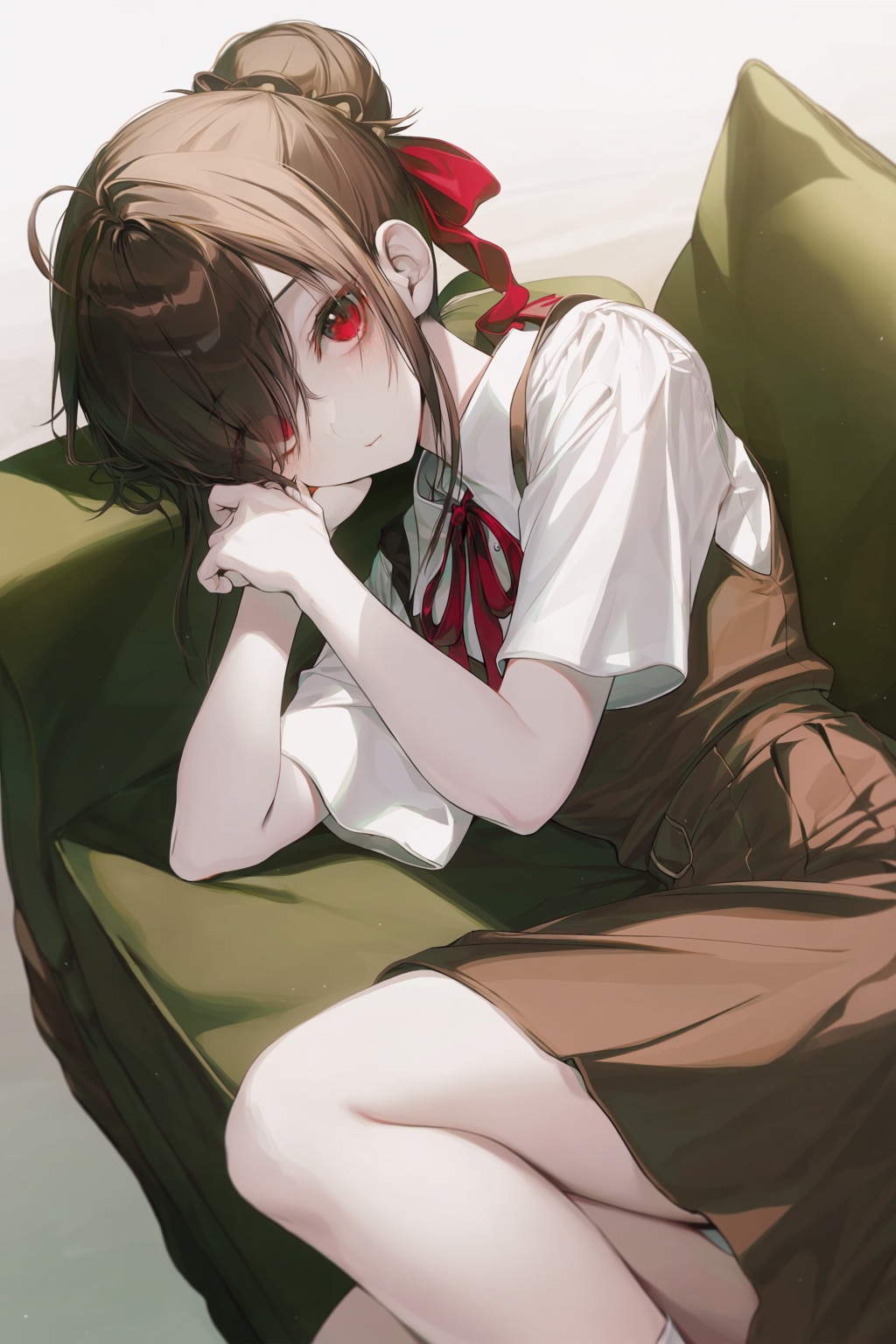 wan_ke Digital anime-style illustration of a young woman with pale skin and red eyes,  lying on a green couch. She has bro...