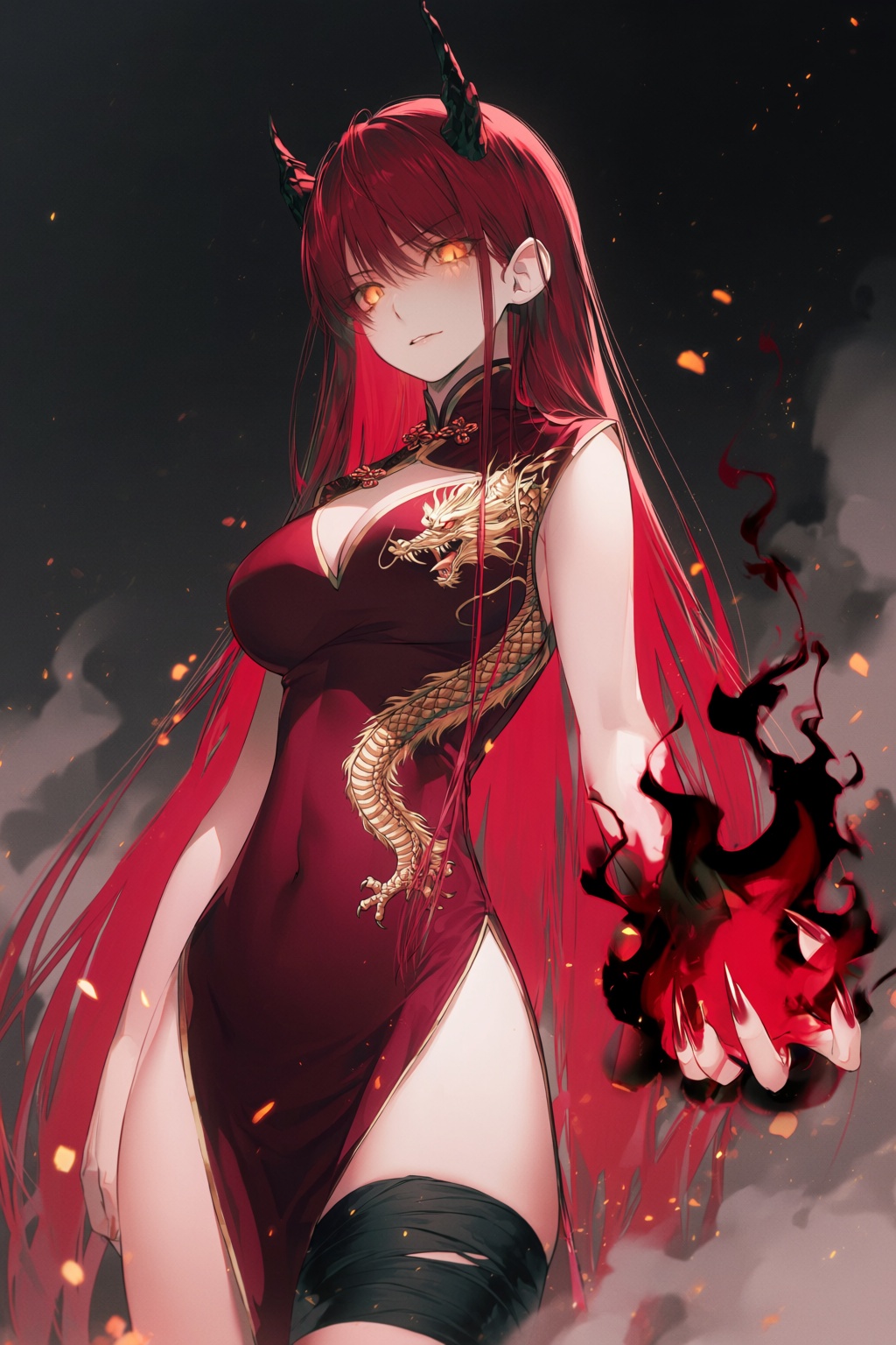 wan_ke Digital anime-style illustration featuring an intimidating female character with long,  straight scarlet hair and g...