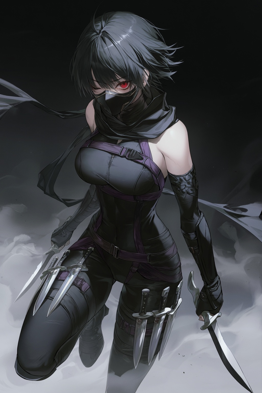 wan_ke This is a digital anime-style artwork featuring a female assassin with short,  choppy black hair and a single visib...