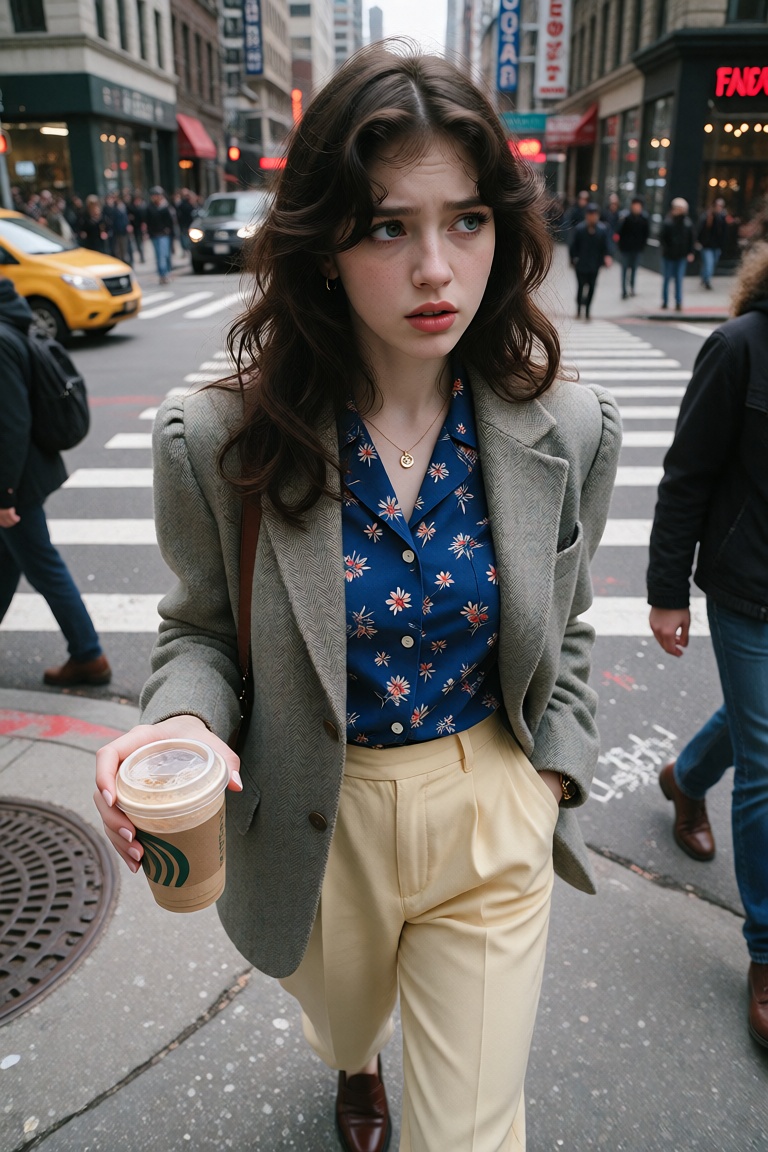 Photorealistic photo of a young woman with long wavy dark-brown hair and blue-green eyes,  standing on a busy city street...