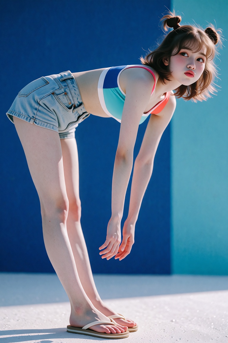 Against a vibrant blue 1980s Japanese City Pop-inspired urban backdrop. a young woman with short brown hair styled with a...
