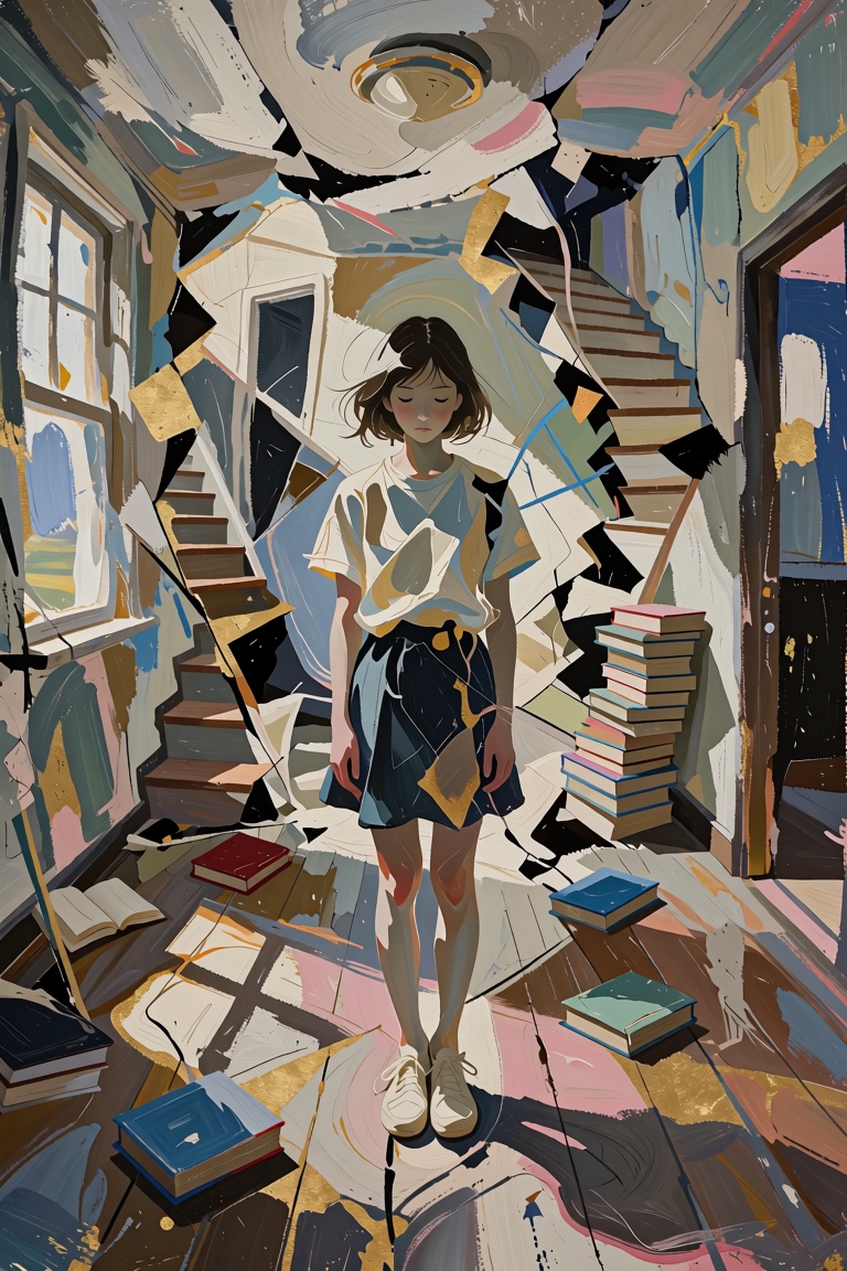 a girl stands quietly in what appears to be a familiar space — a room,  a street,  a field she knows by heart but small de...