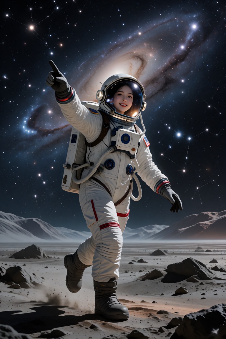 On a lonely and desolate planet,  with Andromeda in the background,  a young female astronaut in space clothes on Tensor.Art