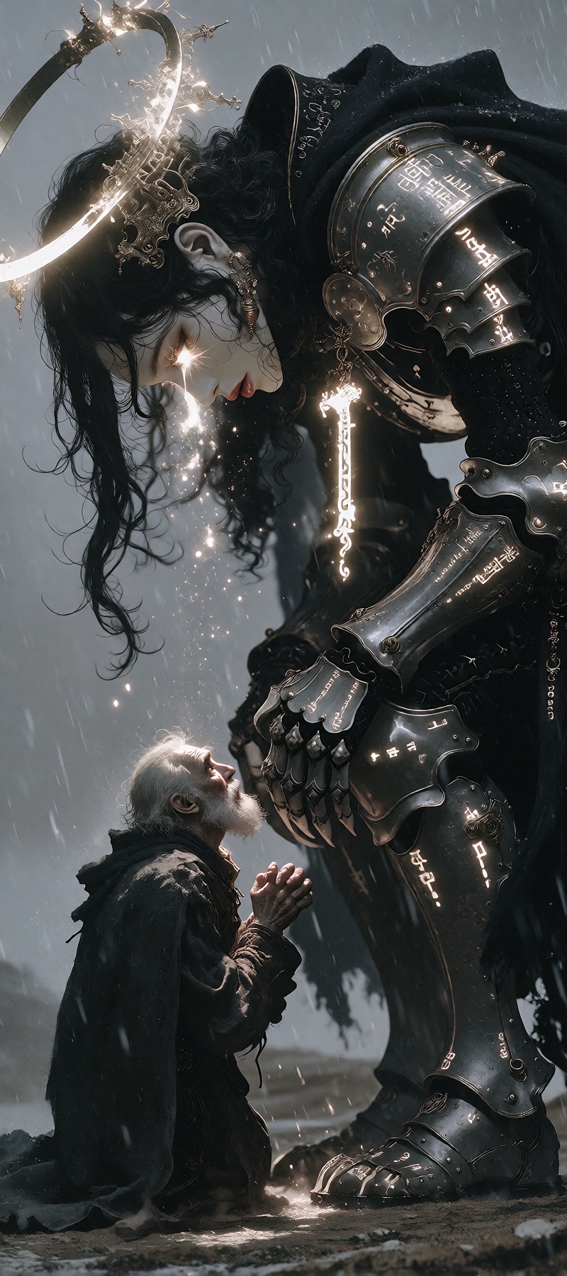 A haunting dark fantasy scene,  extreme height difference. A towering armored giantess,  nearly three times the old man's...