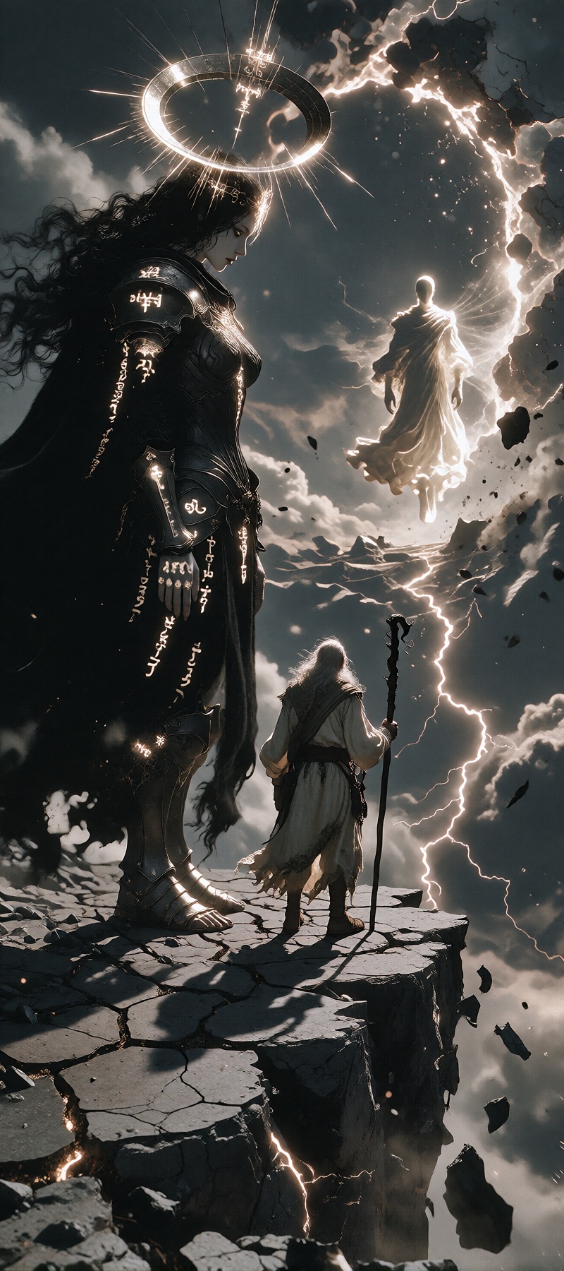 An epic dark fantasy scene on a shattered cliff,  extreme height difference. A towering giantess with long black hair,  st...