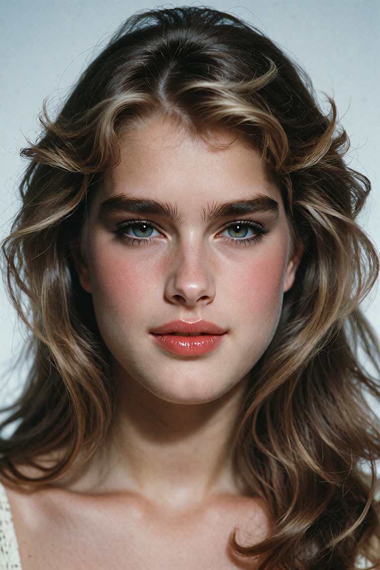 A high-quality studio portrait captures a young Brooke Shields from the shoulders up,  highlighting her signature 1980s ae...