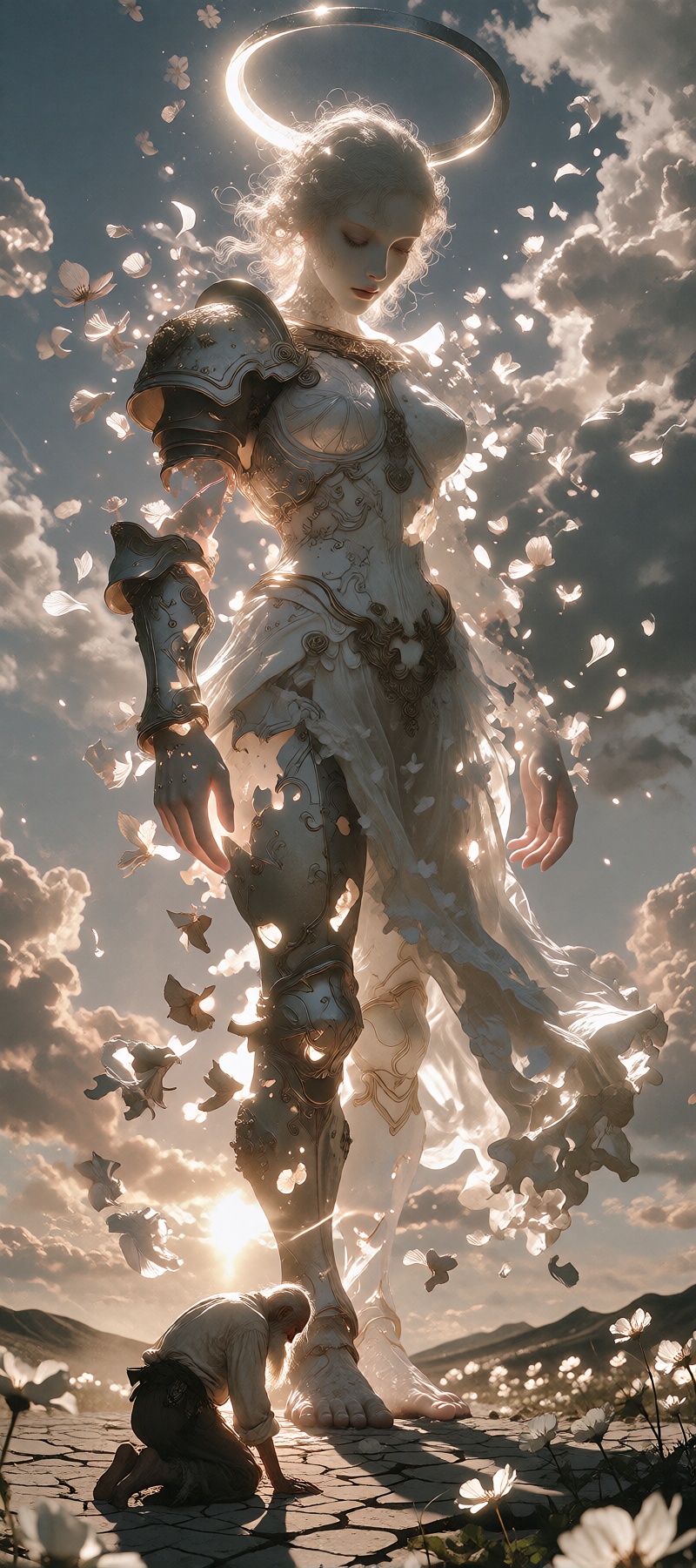 A solemn radiant fantasy epilogue,  extreme height difference,  full body of the giantess visible from head to feet. A tow...