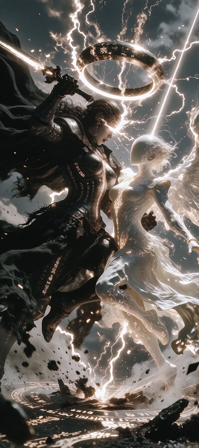A powerful and cinematic dark fantasy battle scene. A giantess in dark armor,  no helmet,  with glowing cuneiform engravin...