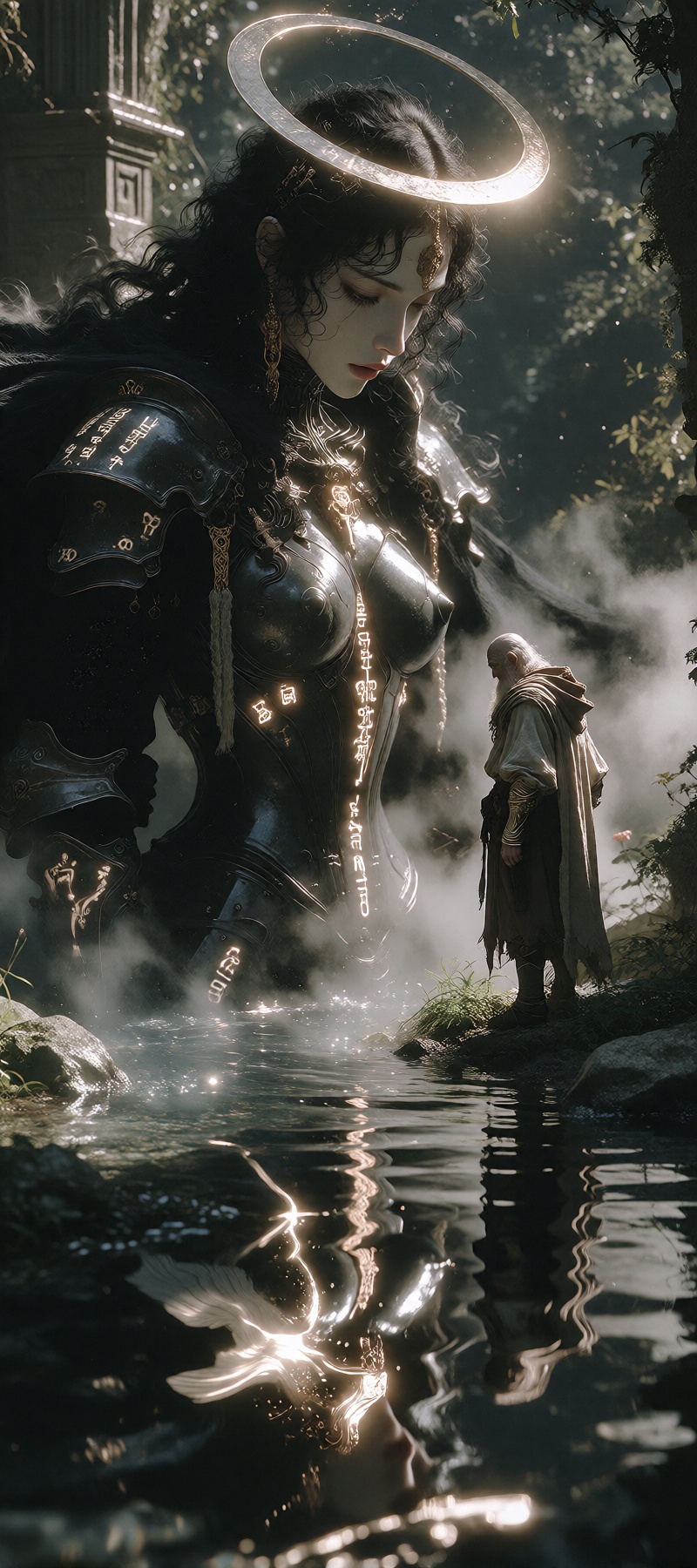A mystical dark fantasy scene at an ancient forest spring,  extreme height difference. A towering armored giantess without...