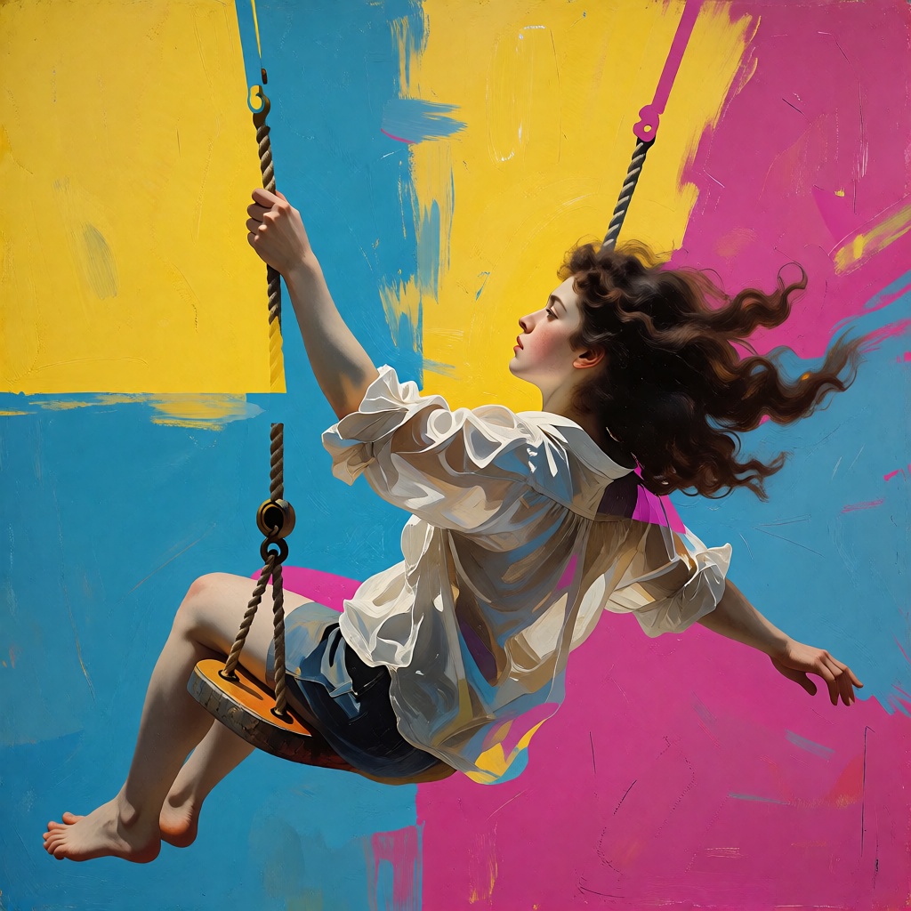 contrast concept: classical oil-painted subject vs postmodern pop background,  bold color blocks (yellow,  cyan on Tensor.Art