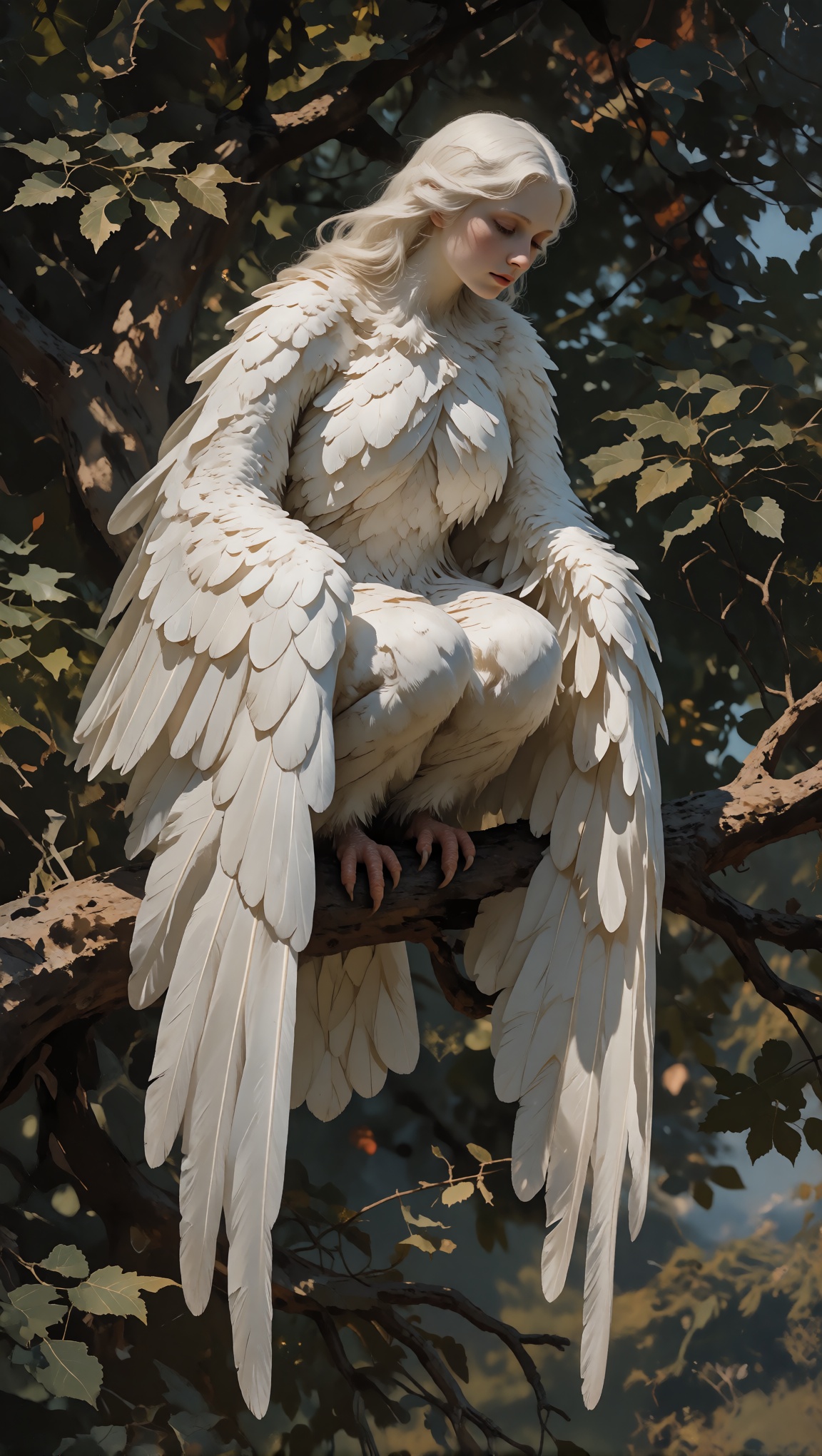 A pale white winged woman-shape perched far away,  not a pretty character portrait. Arms are wings: the forelimbs themselv...