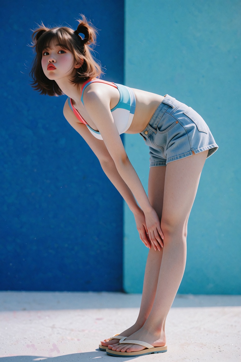 Against a vibrant blue 1980s Japanese City Pop-inspired urban backdrop. a young woman with short brown hair styled with a...