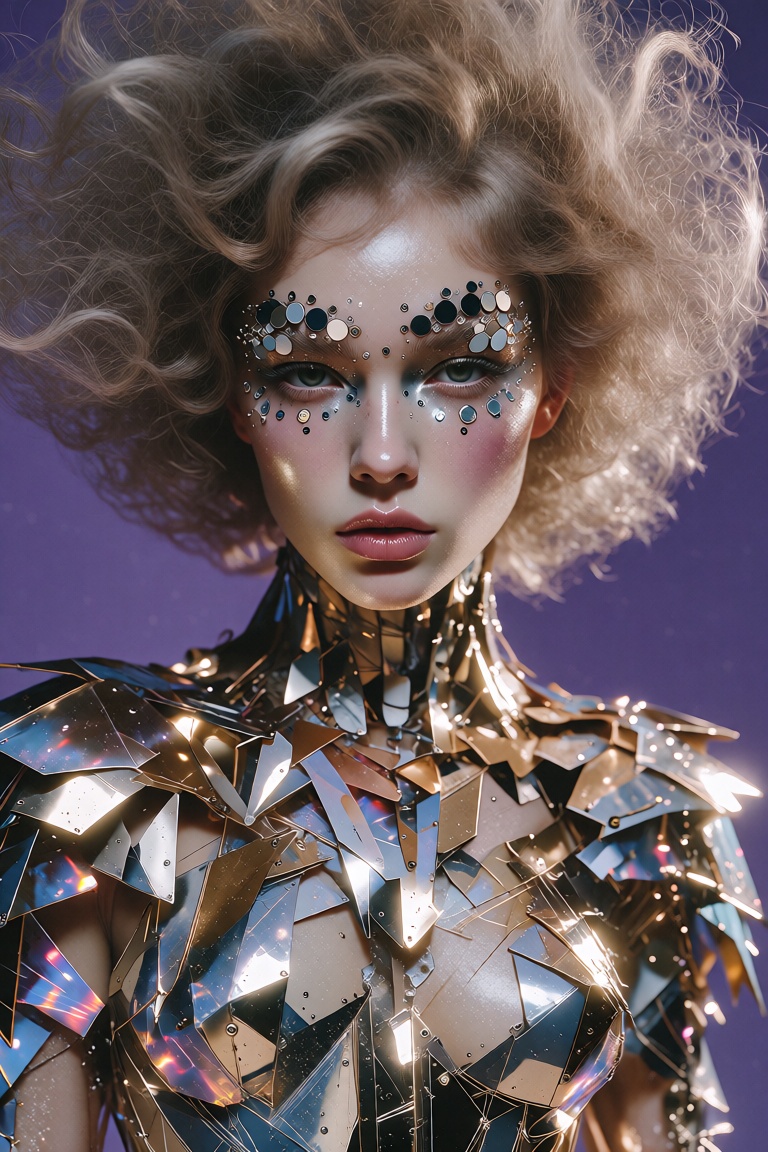 A woman with pale skin faces forward against a solid purple background under dramatic studio lighting that emphasizes her...