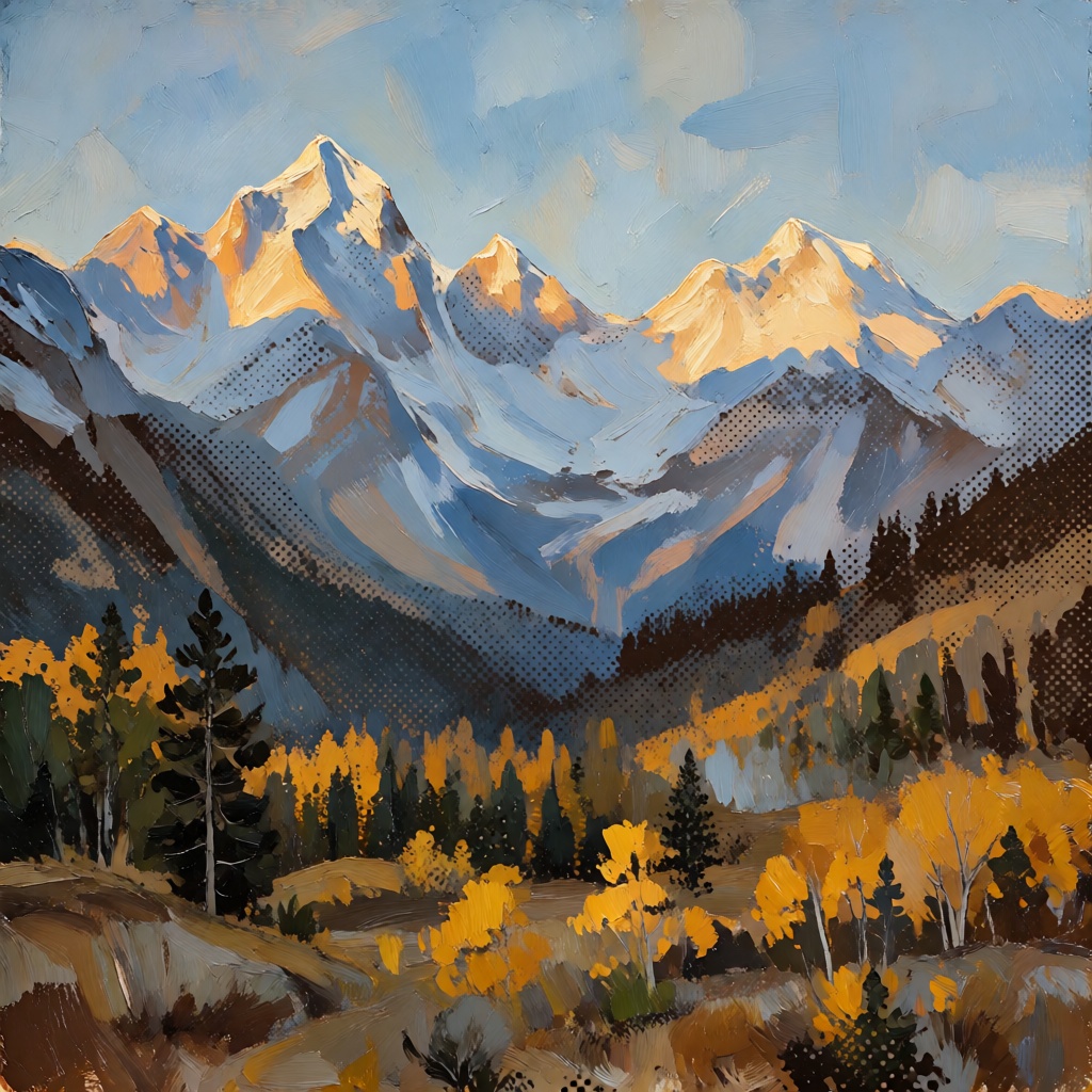 masterpiece,  expressive traditional oil painting,  visible hand-painted brushwork throughout the entire image. An alpine...