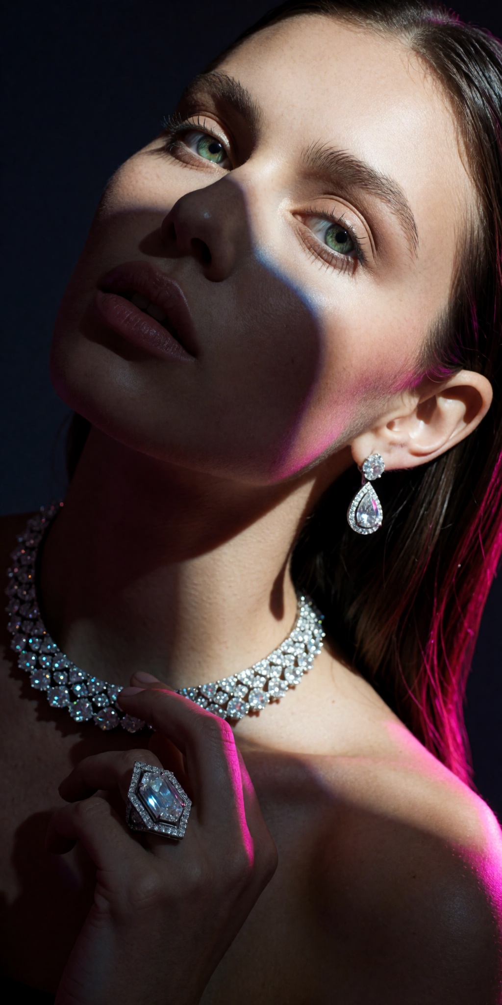 A raw,  photorealistic macro fashion portrait captured at a steep high-angle Dutch-tilt perspective looking down from abov...